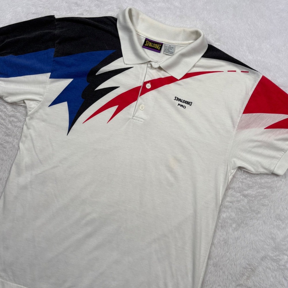VTG 90s Spalding Polo Shirt Men M White Red Blue Geometric Colorblock Logo RARE - Picture 1 of 14